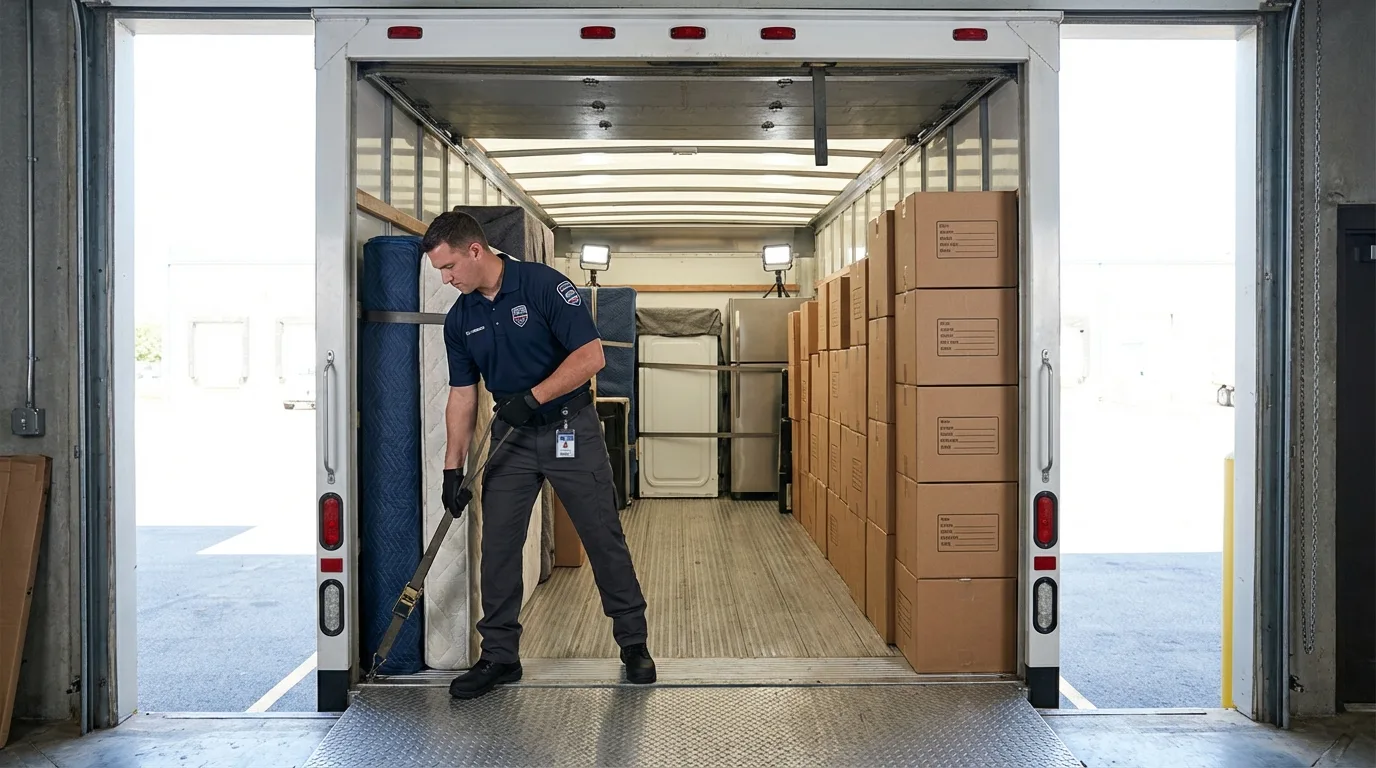 Interior view of fully loaded residential moving truck showing interlocking box grid and secured furniture layout.