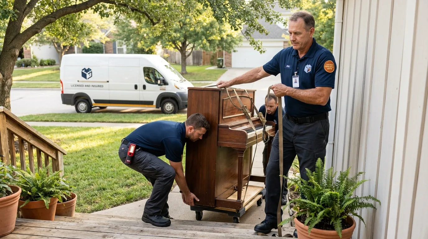 Licensed piano movers securing grand piano in Wolf Point, MT