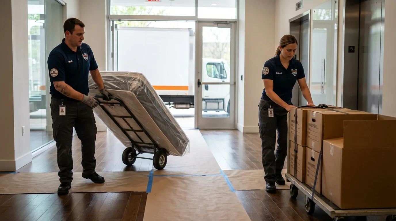 Professional apartment movers loading elevator in Wolf Point, MT