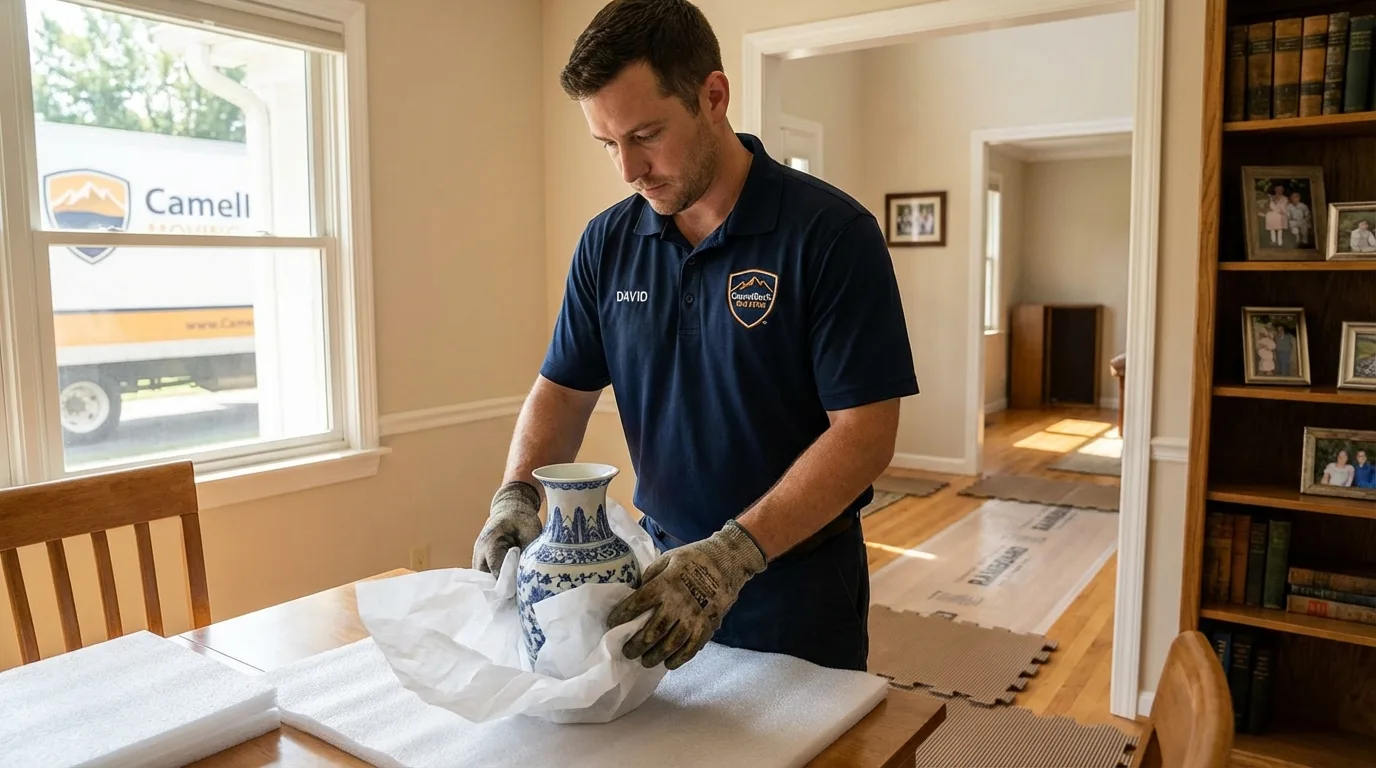 Professional crew carefully wrapping antique vase for senior downsizing move in Wolf Point, MT